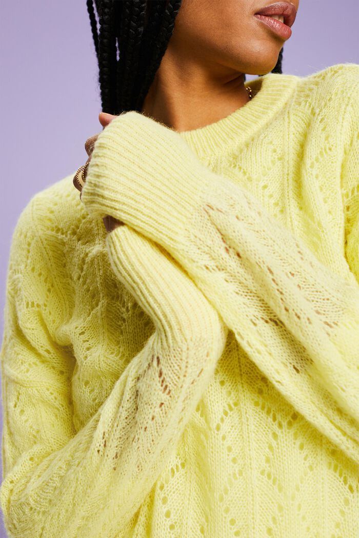 Pullover in misto lana in maglia traforata, LIME YELLOW, detail image number 3