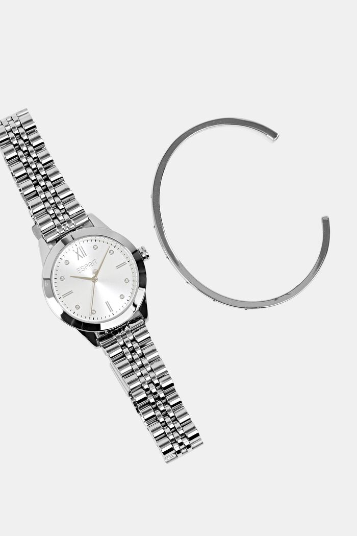 Set di orologio in acciaio inossidabile e bracciale rigido, SILVER, detail image number 3
