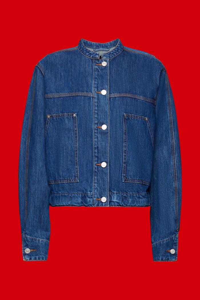 Giacca in denim senza collo con coulisse, BLUE DARK WASHED, detail image number 8