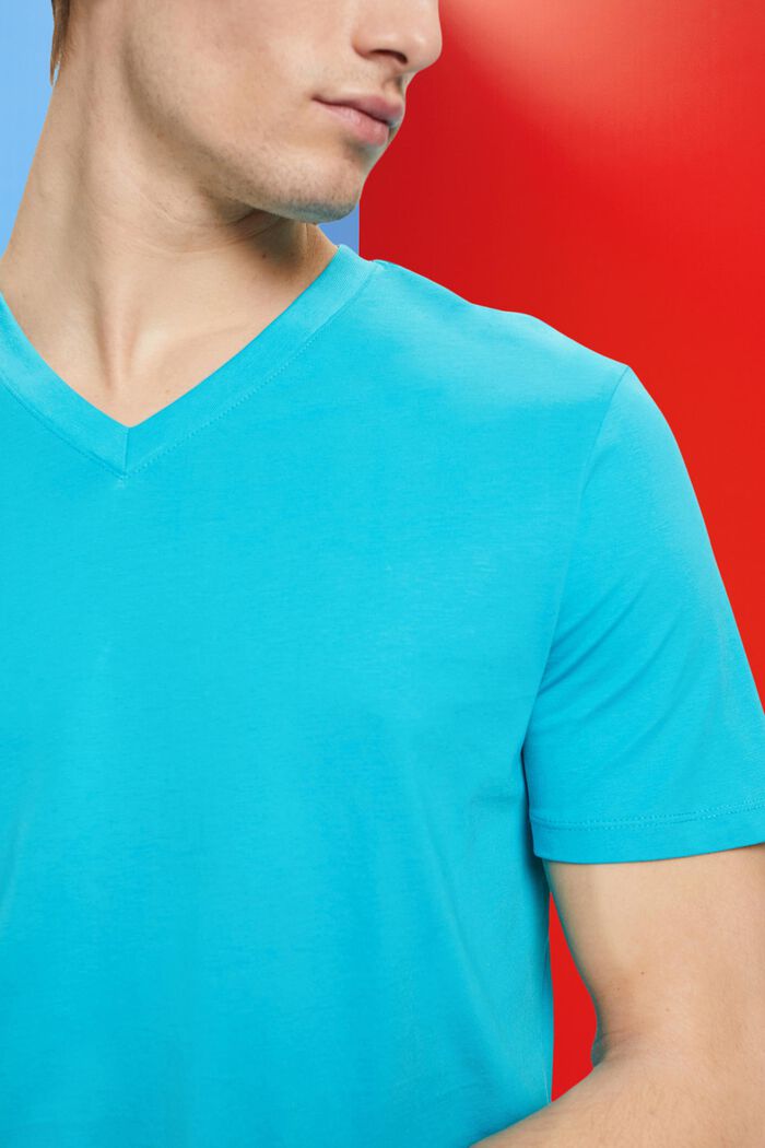 T-shirt slim fit in cotone con scollo a V, AQUA GREEN, detail image number 2
