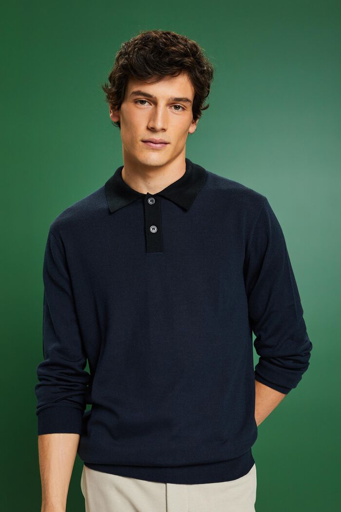 Pullover con colletto stile polo in lana merino, NAVY, detail image number 0