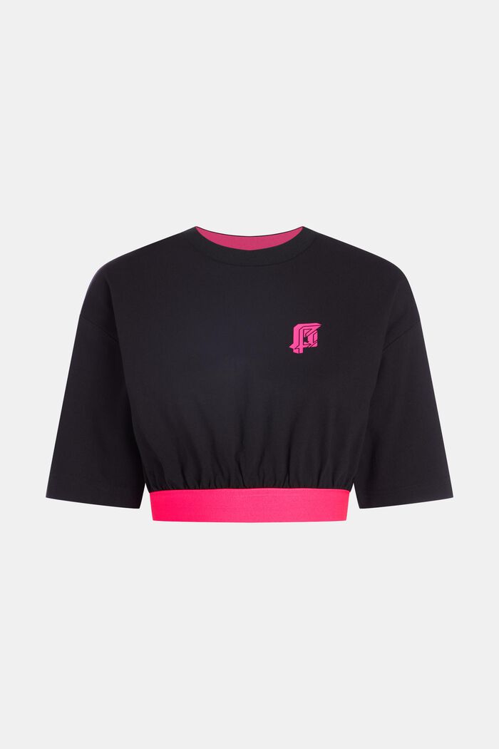 T-shirt cropped fluo con logo e bordi maniche a costine, BLACK, overview