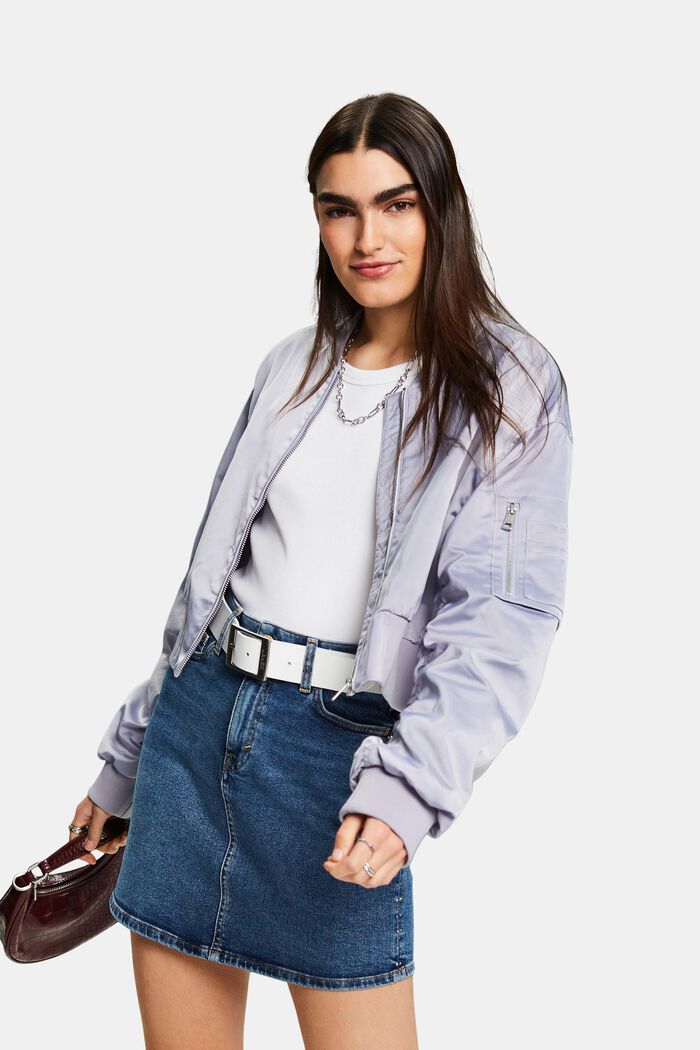 Giacca bomber cropped in raso, LIGHT BLUE LAVENDER, detail image number 0