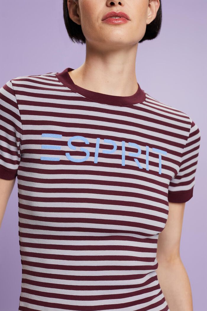 T-shirt in cotone a righe con stampa del logo, BORDEAUX RED, detail image number 1