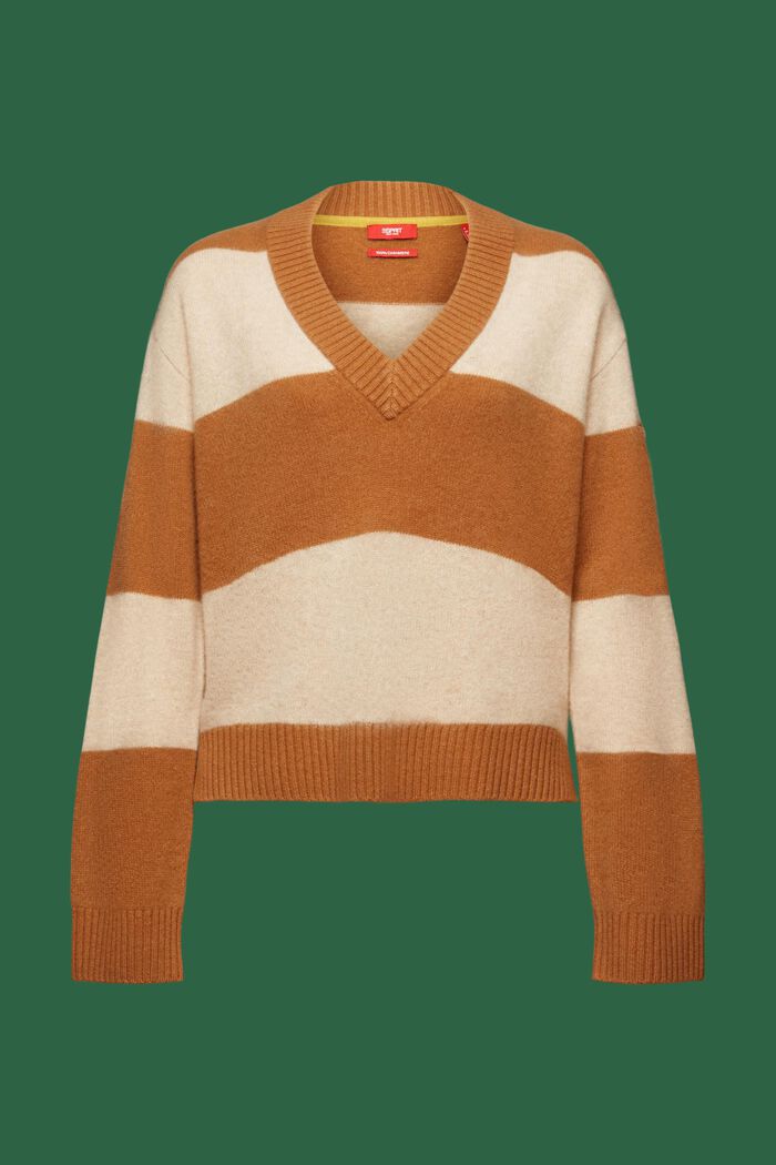 Maglione in cachemire a righe rugby con scollo a V, BEIGE, detail image number 6