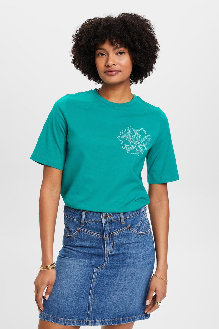 T-shirt di cotone con fiore ricamato, EMERALD GREEN, detail image number 0