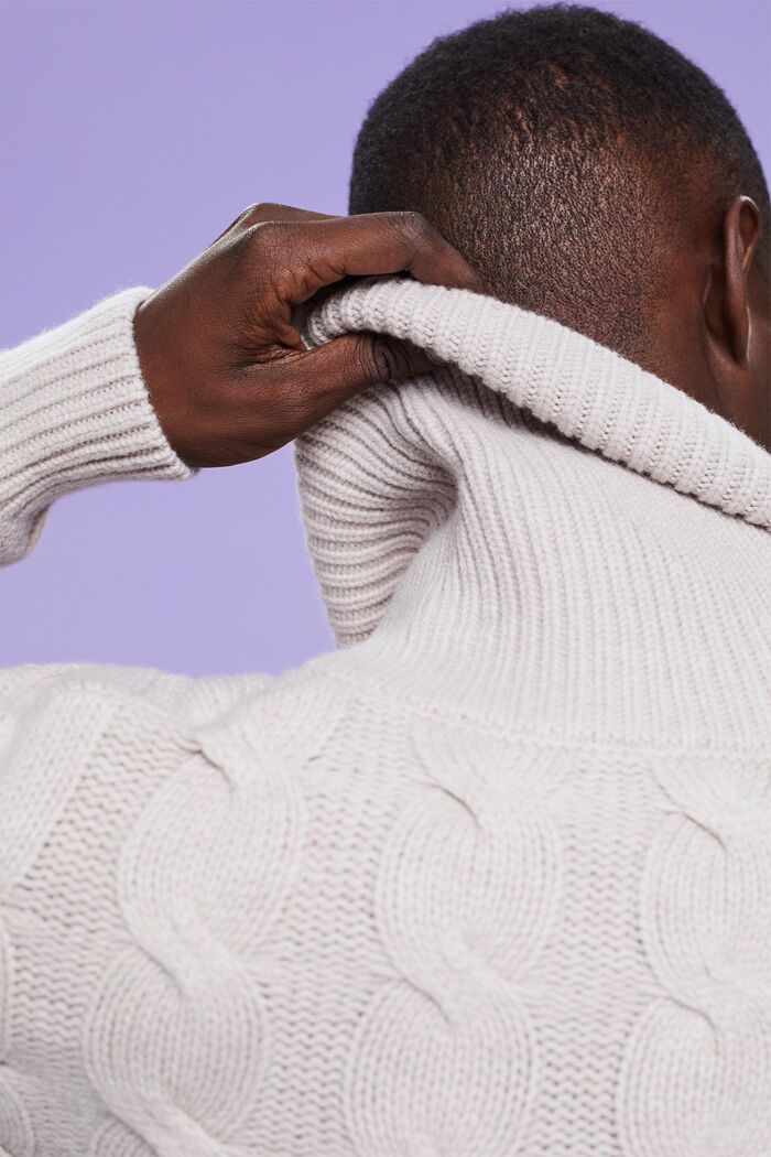 Pullover con collo sciallato in maglia intrecciata di lana, LIGHT TAUPE, detail image number 3