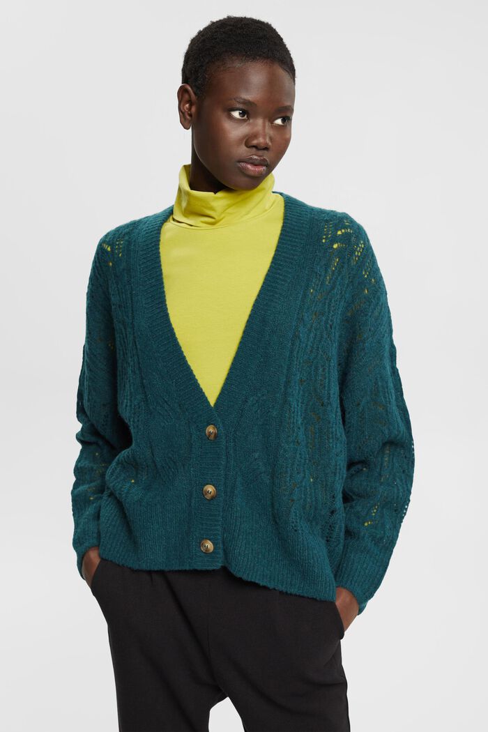 Cardigan in maglia con lana e alpaca, TEAL GREEN, detail image number 0