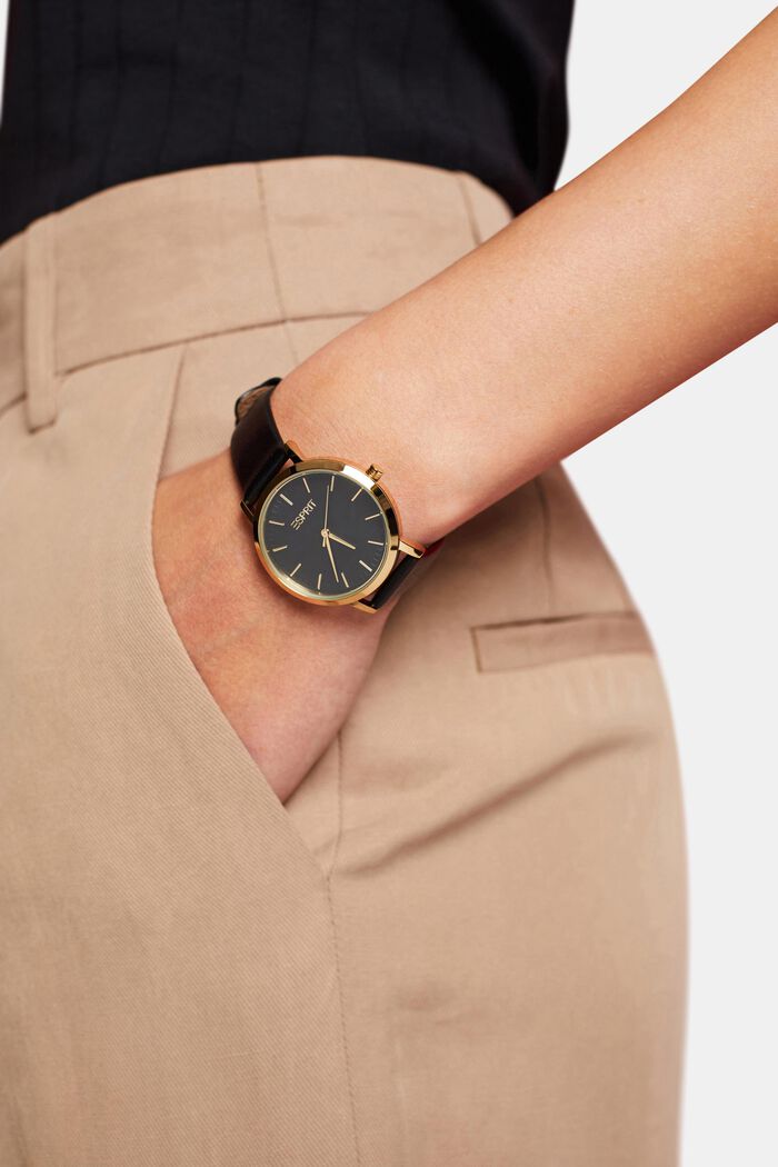 orologio in acciaio inossidabile con cinturino in pelle, GOLD, detail image number 2