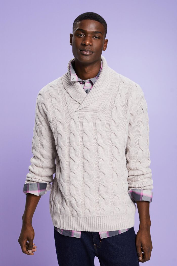 Pullover con collo sciallato in maglia intrecciata di lana, LIGHT TAUPE, detail image number 0