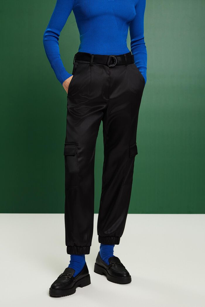 Pantaloni cargo in raso con cintura, BLACK, detail image number 0