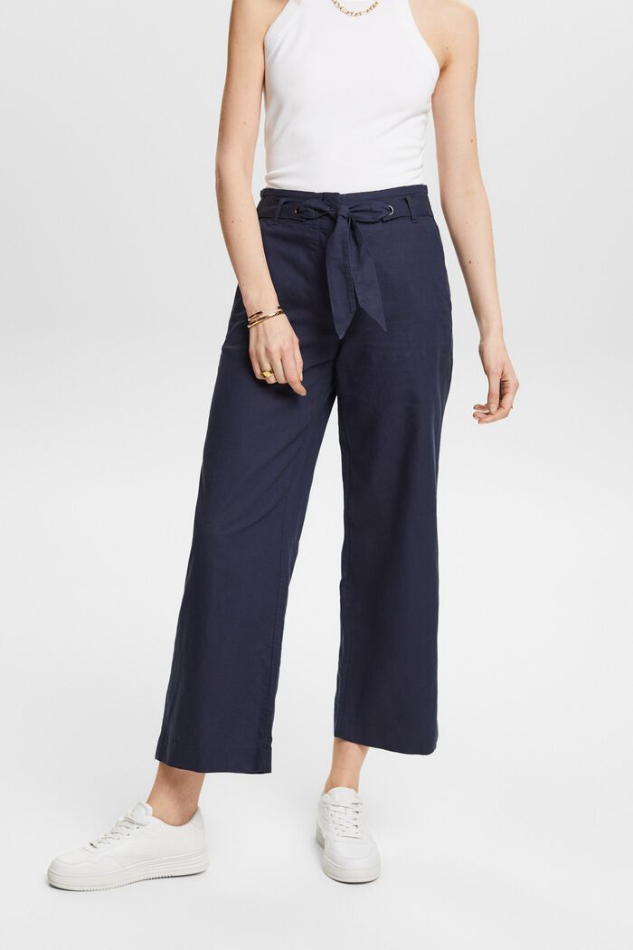 Pantaloni culotte cropped in lino e cotone, NAVY, detail image number 0