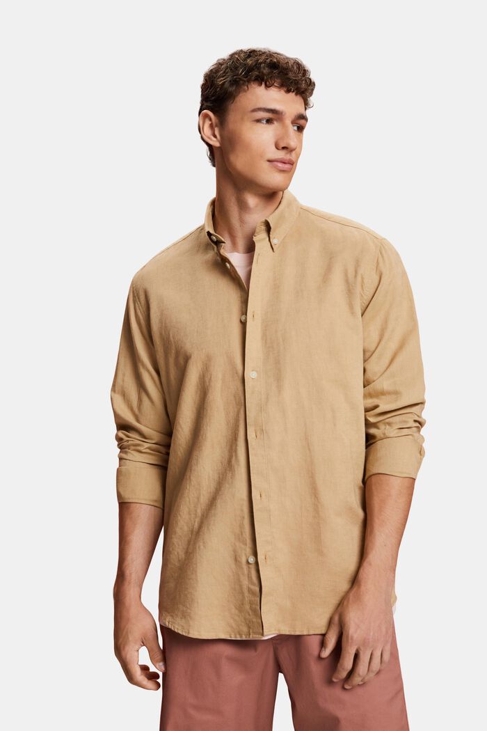 Camicia button-down in misto cotone e lino, BEIGE, detail image number 0
