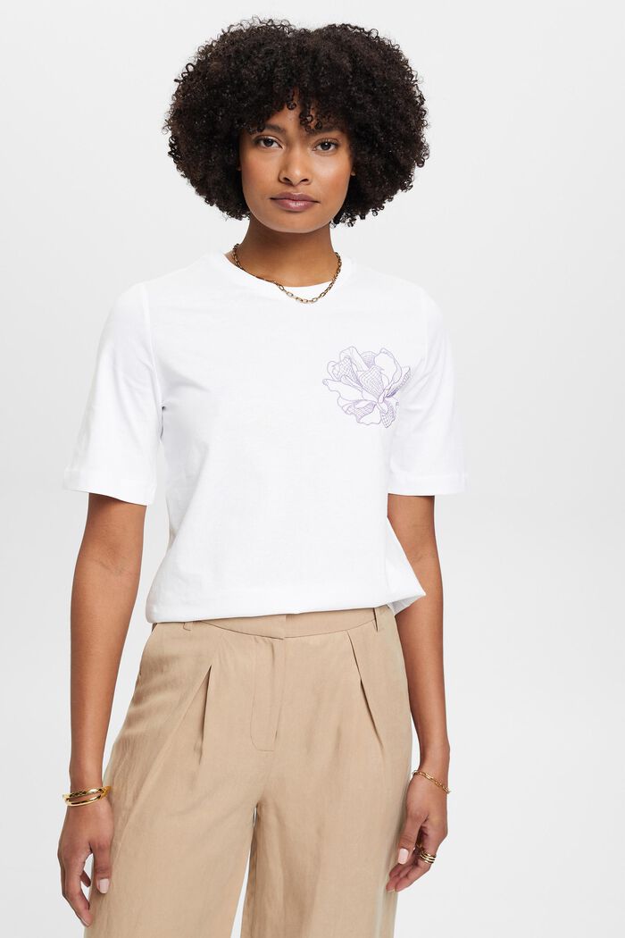 T-shirt di cotone con fiore ricamato, OFF WHITE, detail image number 0