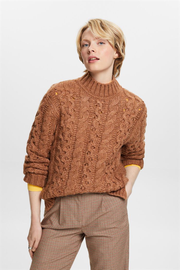 Pullover in misto lana in maglia intrecciata, CARAMEL, detail image number 1