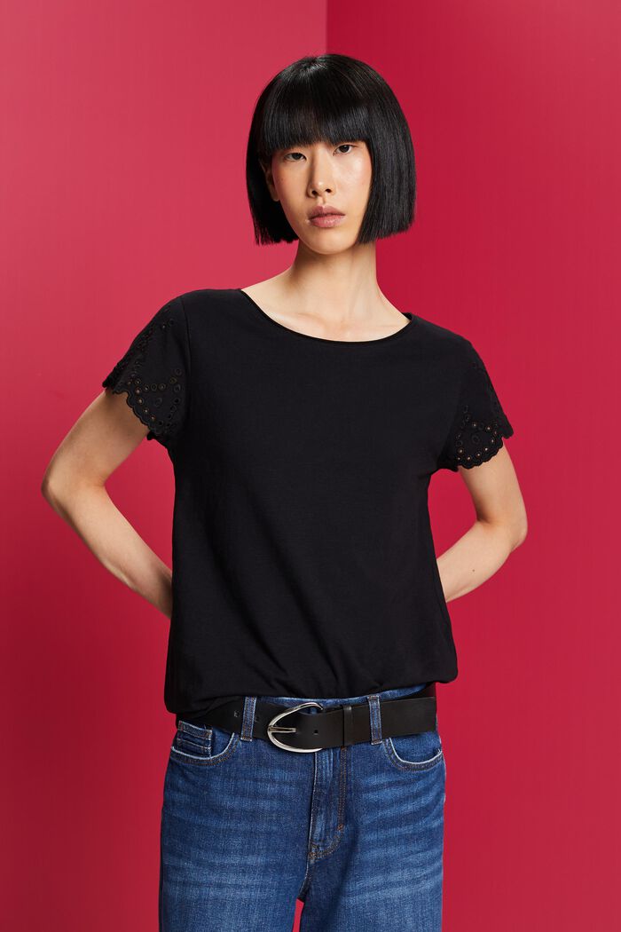 T-shirt di cotone con maniche traforate, BLACK, detail image number 0