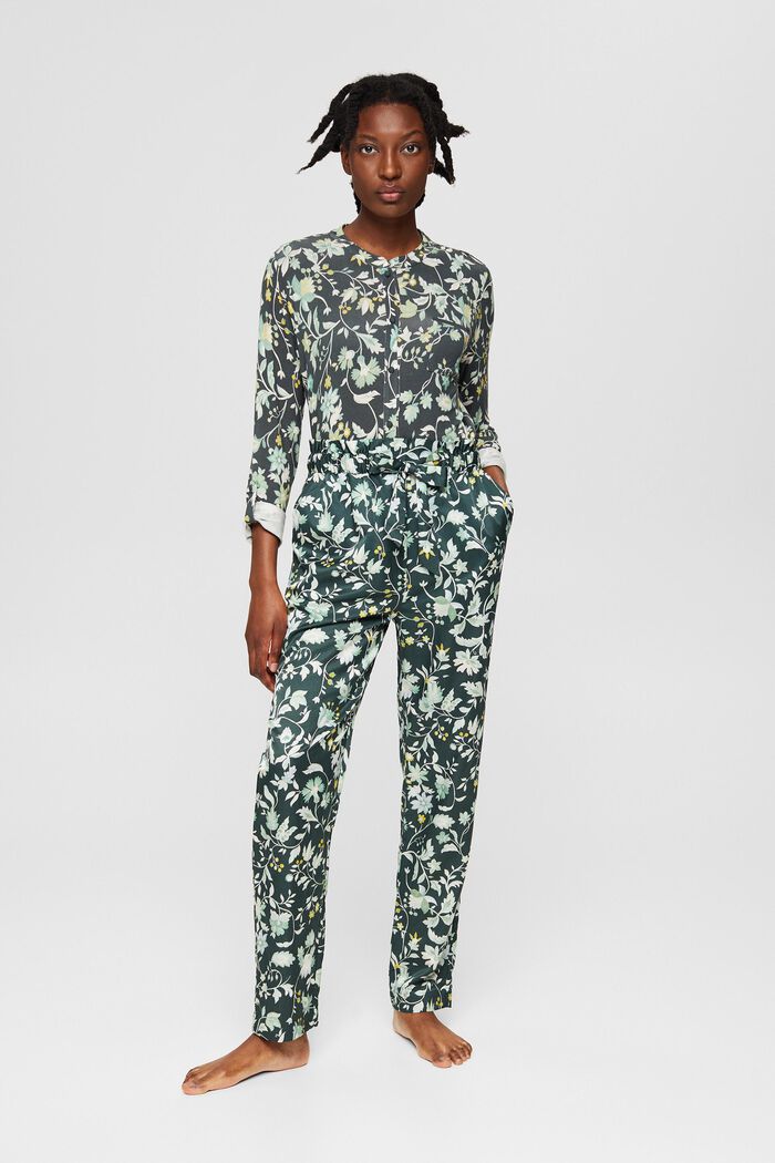Con seta: pantaloni da pigiama con vita in stile paperbag, DARK TEAL GREEN, detail image number 1