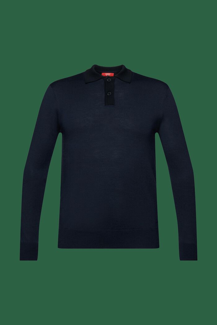 Pullover con colletto stile polo in lana merino, NAVY, detail image number 5