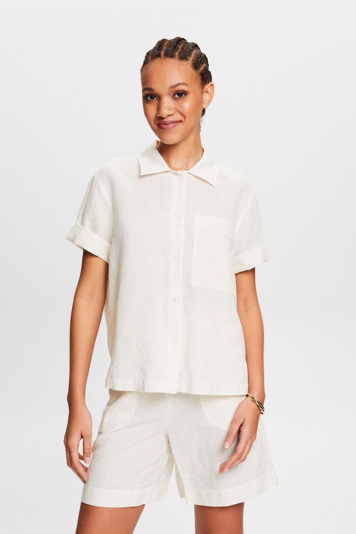 Camicia blusata in lino e cotone, CREAM BEIGE, detail image number 0