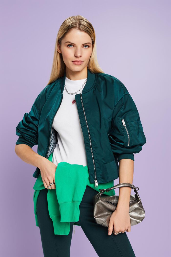 Giacca bomber cropped in raso, DARK TEAL GREEN, detail image number 0