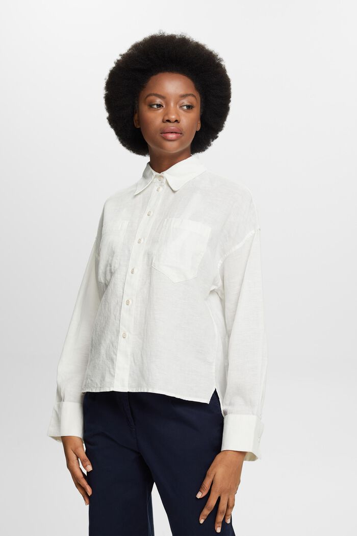 Camicia blusata in lino e cotone, OFF WHITE, detail image number 0