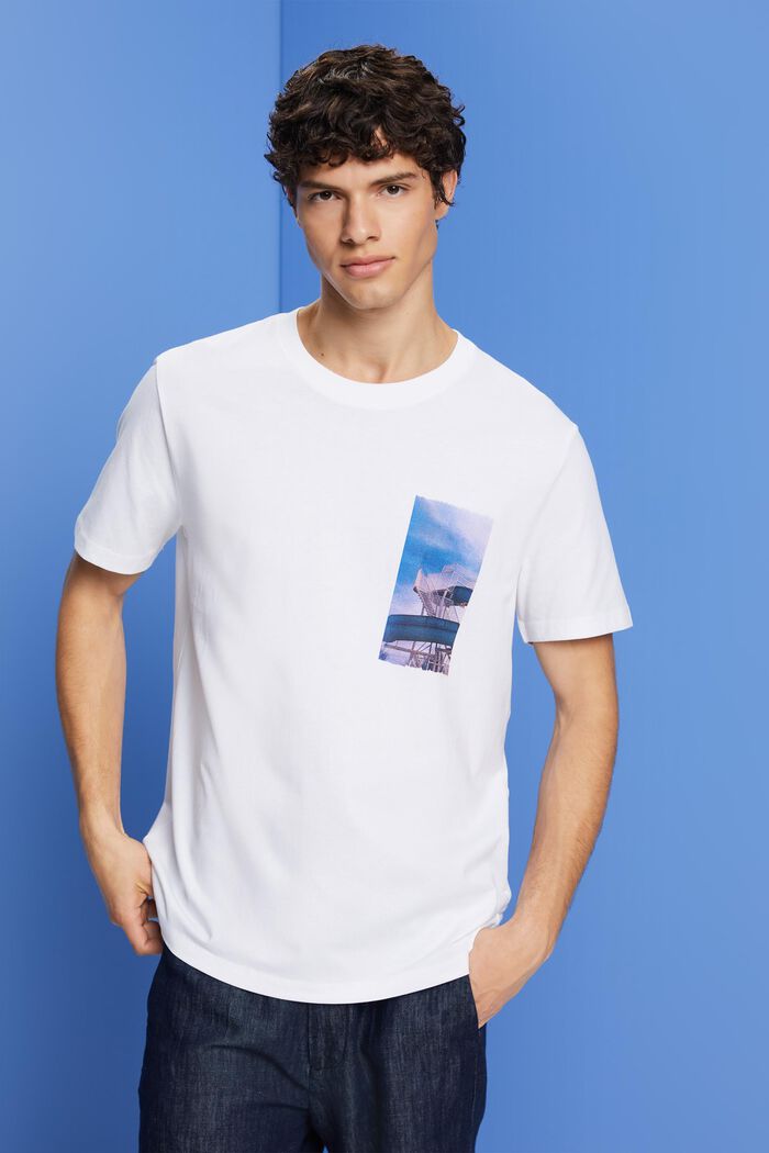T-shirt con petto sul stampa, 100% cotone, WHITE, detail image number 0