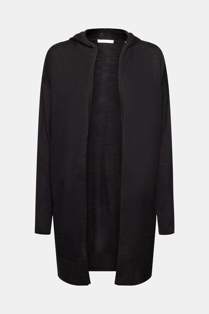 Cardigan in maglia di puro cotone con cappuccio, BLACK, overview