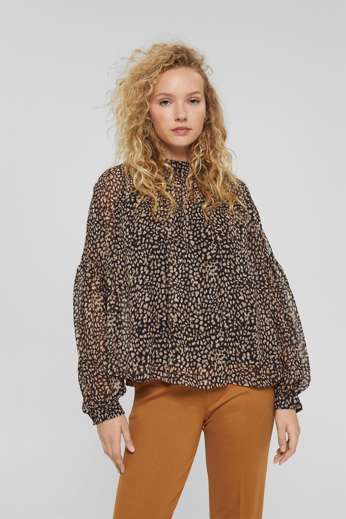 In materiale riciclato: blusa leopardata con spacchi sulle spalle, BLACK, detail image number 0
