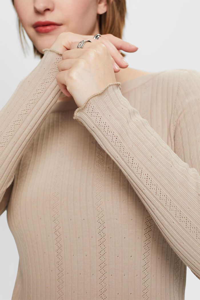 Maglia a maniche lunghe in jersey a coste pointelle, LIGHT TAUPE, detail image number 2