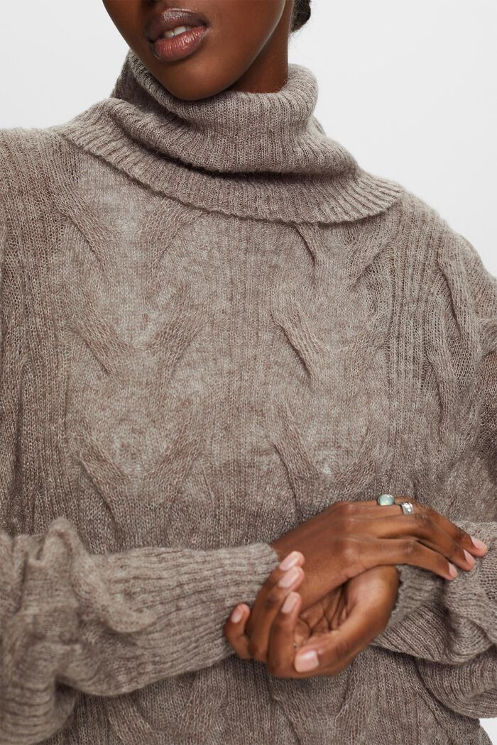 Pullover in maglia intrecciata a dolcevita, BROWN GREY, detail image number 1