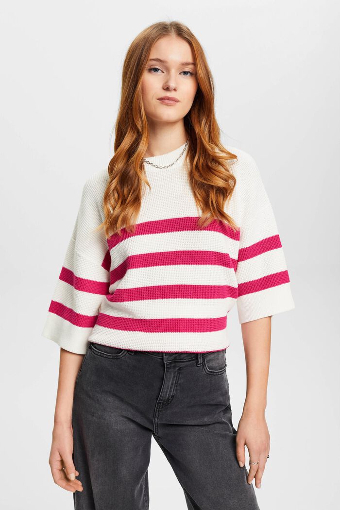 Pullover in maglia a righe con maniche cropped, OFF WHITE, detail image number 0