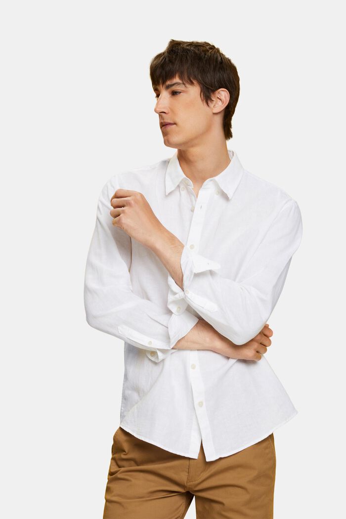 Camicia button-down in misto cotone e lino, WHITE, detail image number 4
