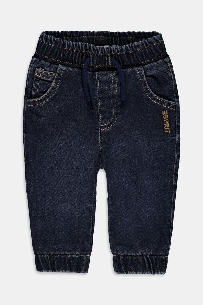 Jeans con cintura elastica in cotone, BLUE DARK WASHED, overview