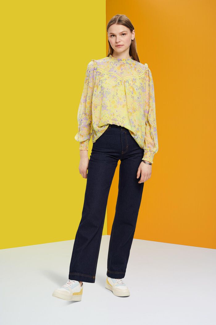 Blusa in chiffon floreale con ruches, LIGHT YELLOW, detail image number 5