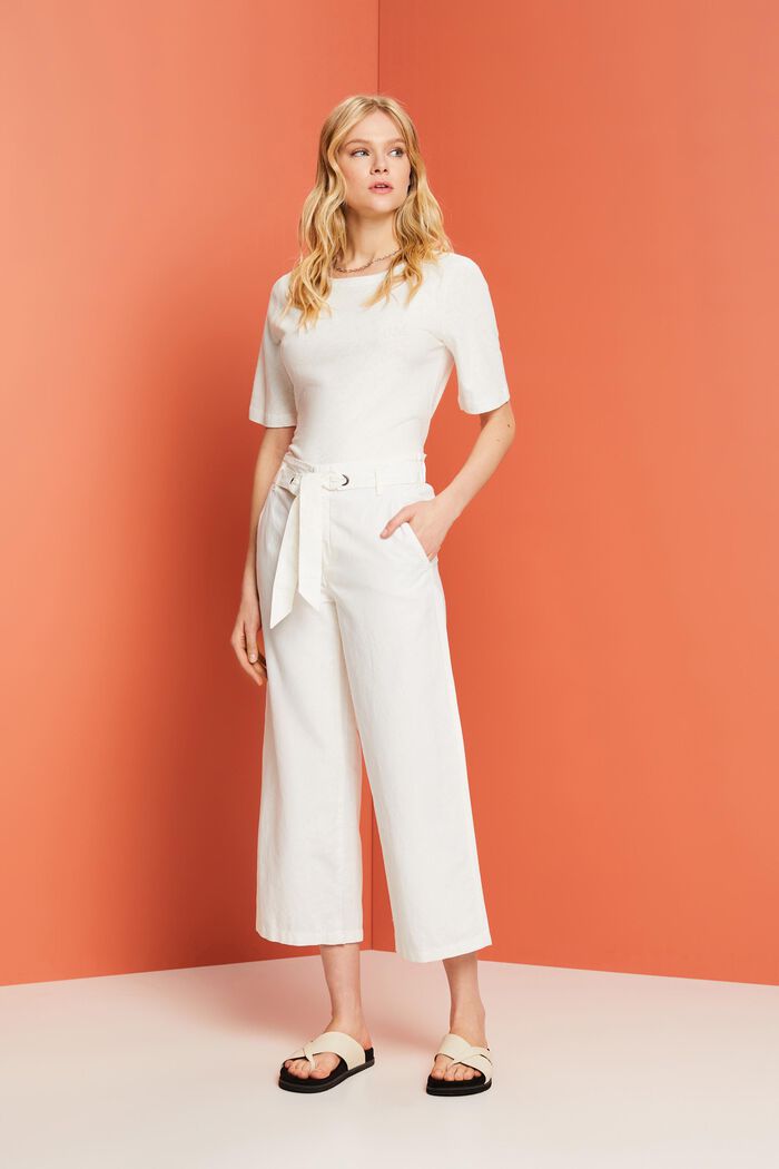 Culotte in lino e cotone con cintura, WHITE, detail image number 5