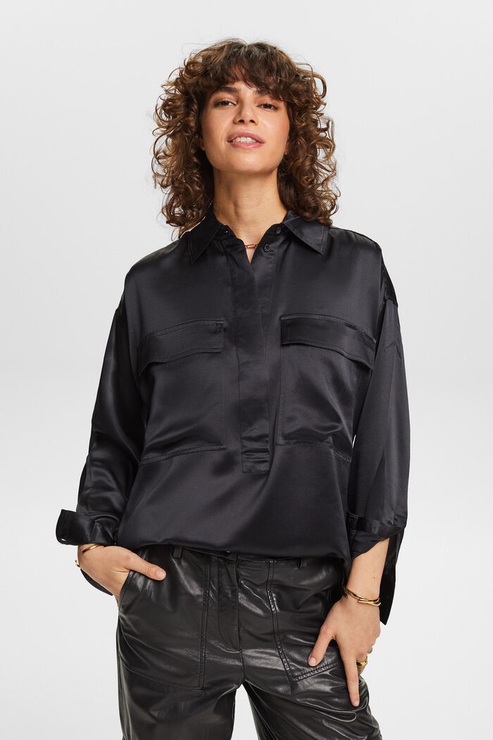 Blusa in raso di seta, BLACK, detail image number 0