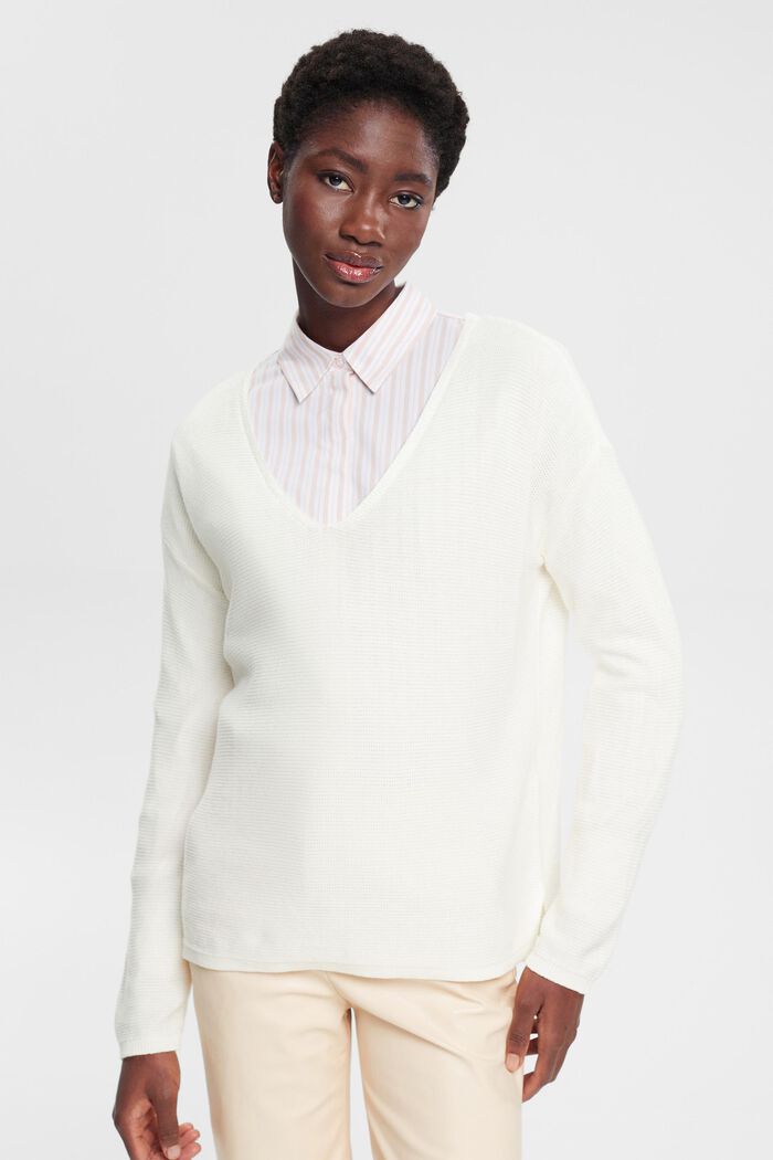 Pullover in maglia strutturata con scollo a V, OFF WHITE, detail image number 0