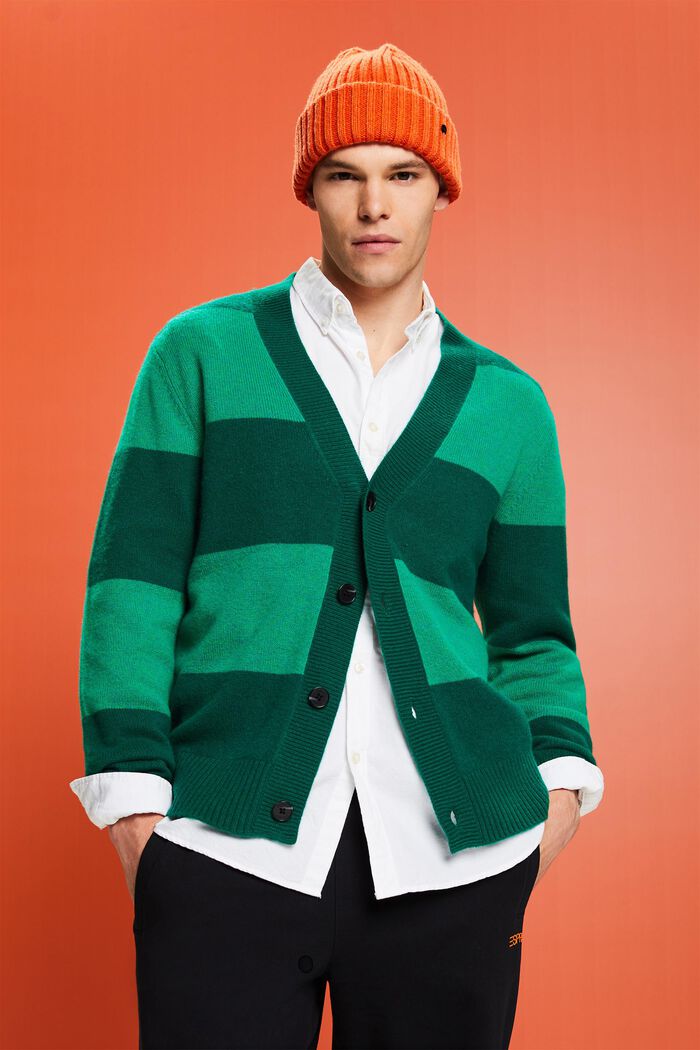 Cardigan in cachemire a righe con collo a V, EMERALD GREEN, detail image number 0