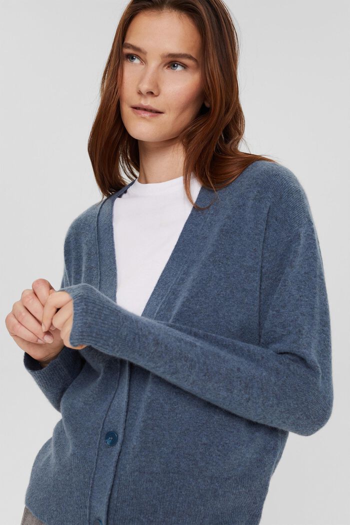 Con lana di lama: cardigan con scollo a V, PETROL BLUE, overview