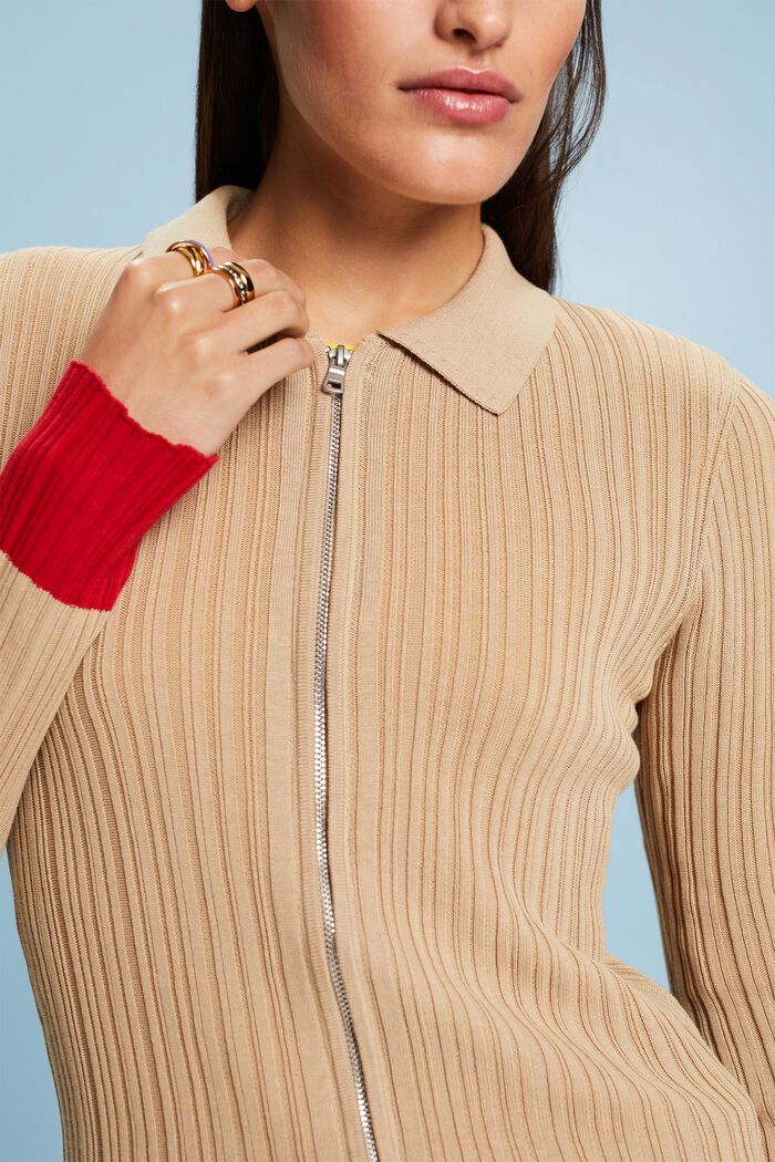 Cardigan stile polo in maglia a coste senza cuciture, BEIGE, detail image number 1