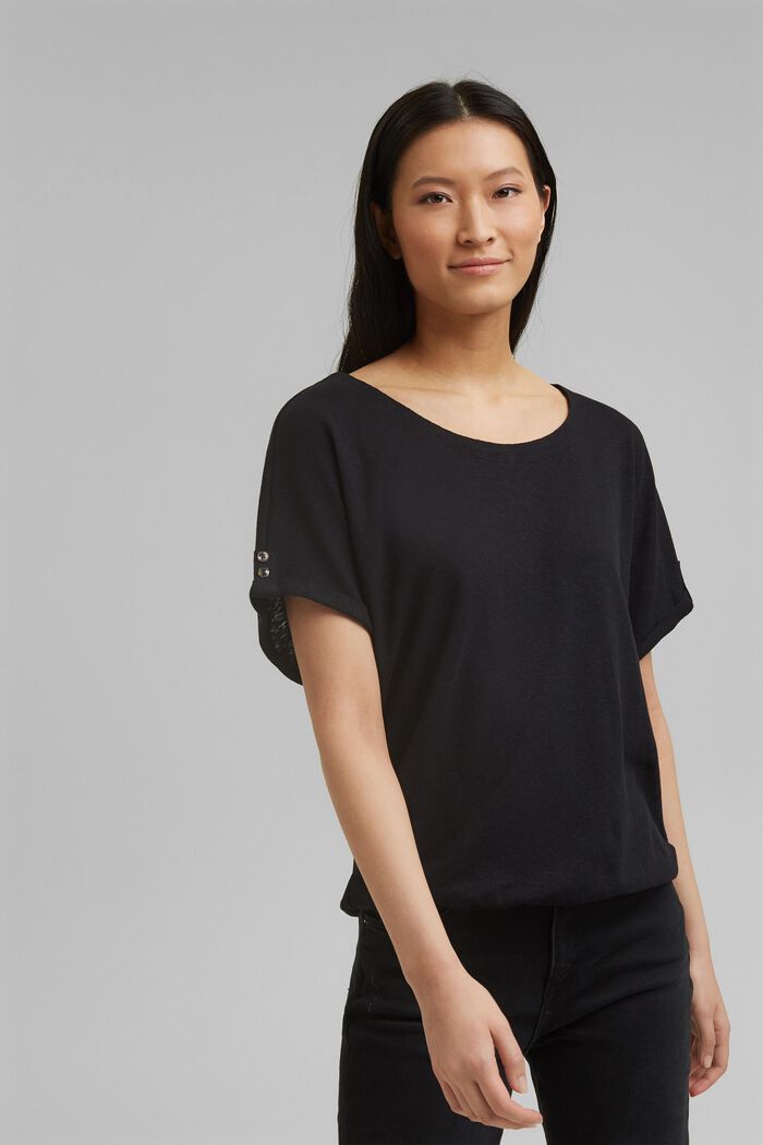 T-shirt in misto cotone e lino, BLACK, overview