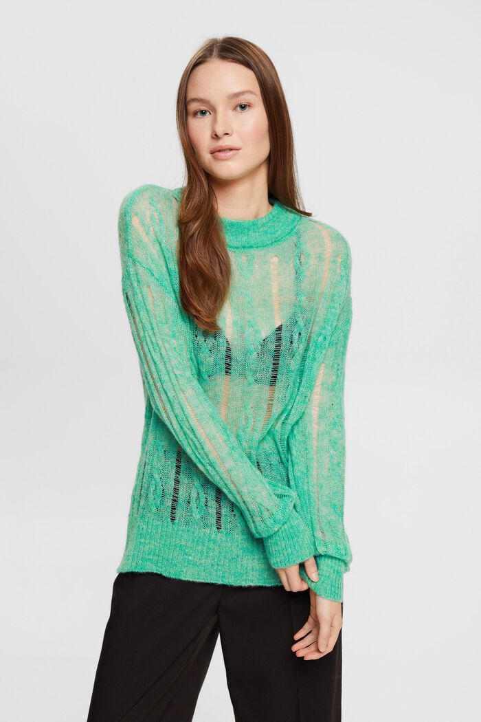 Pullover aperto con lana con motivo intrecciato, LIGHT GREEN, detail image number 0