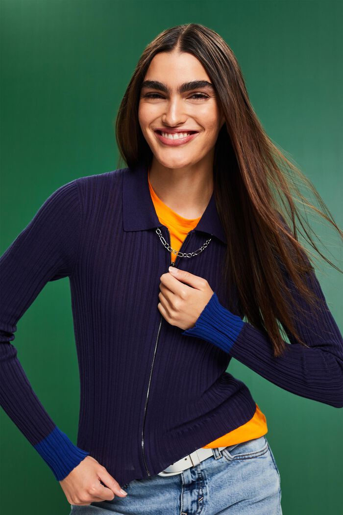 Cardigan stile polo in maglia a coste senza cuciture, NAVY, detail image number 0