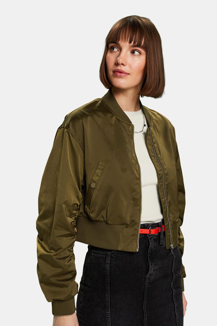 Giacca bomber cropped in raso, KHAKI GREEN, detail image number 0