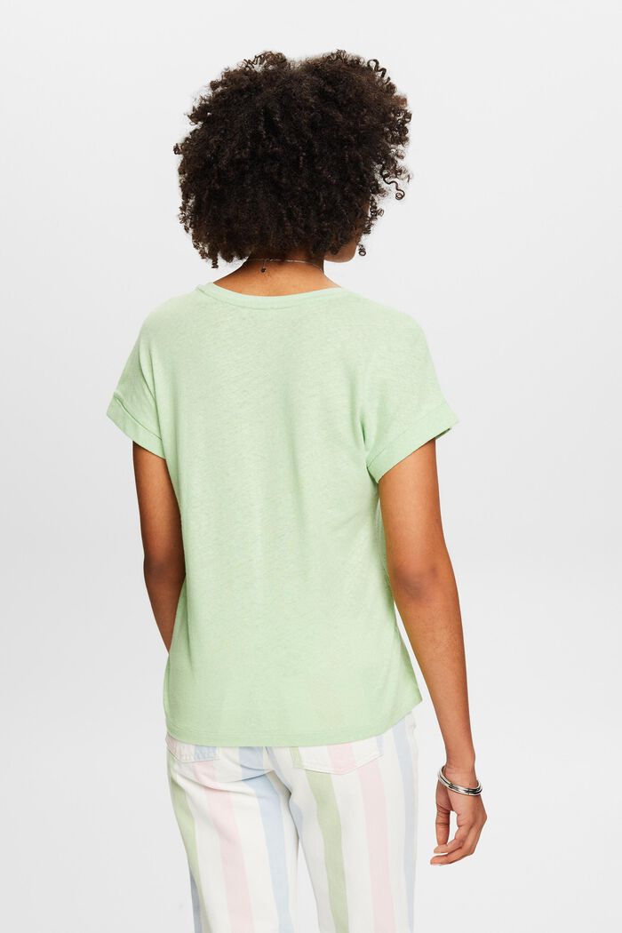 T-shirt con scollo a V in cotone e lino, LIGHT GREEN, detail image number 3
