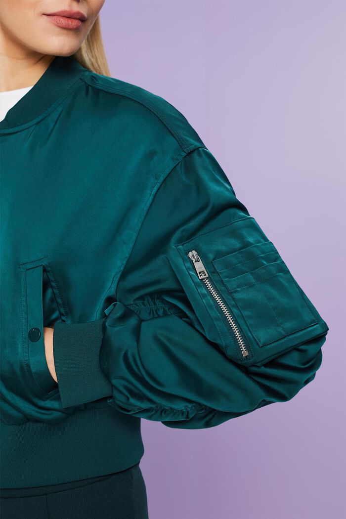 Giacca bomber cropped in raso, DARK TEAL GREEN, detail image number 3