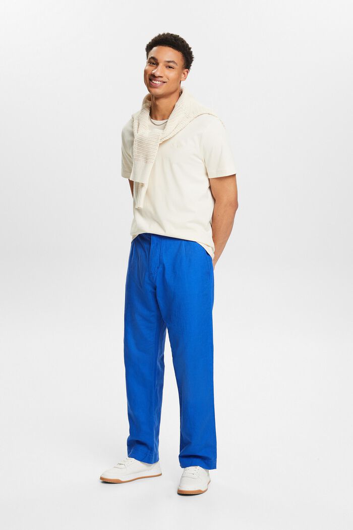 Pantaloni dritti in lino e cotone, BRIGHT BLUE, detail image number 1