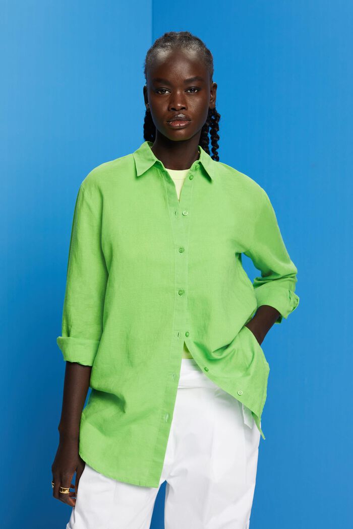 Camicia in misto lino e cotone, GREEN, detail image number 0