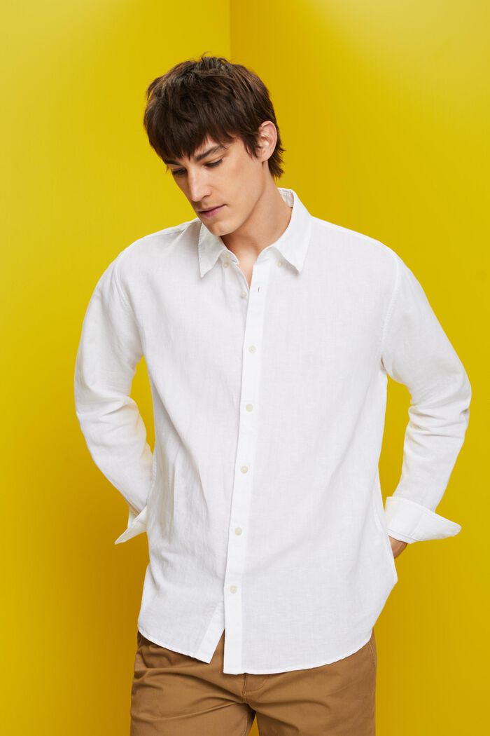 Camicia button-down in misto cotone e lino, WHITE, detail image number 0