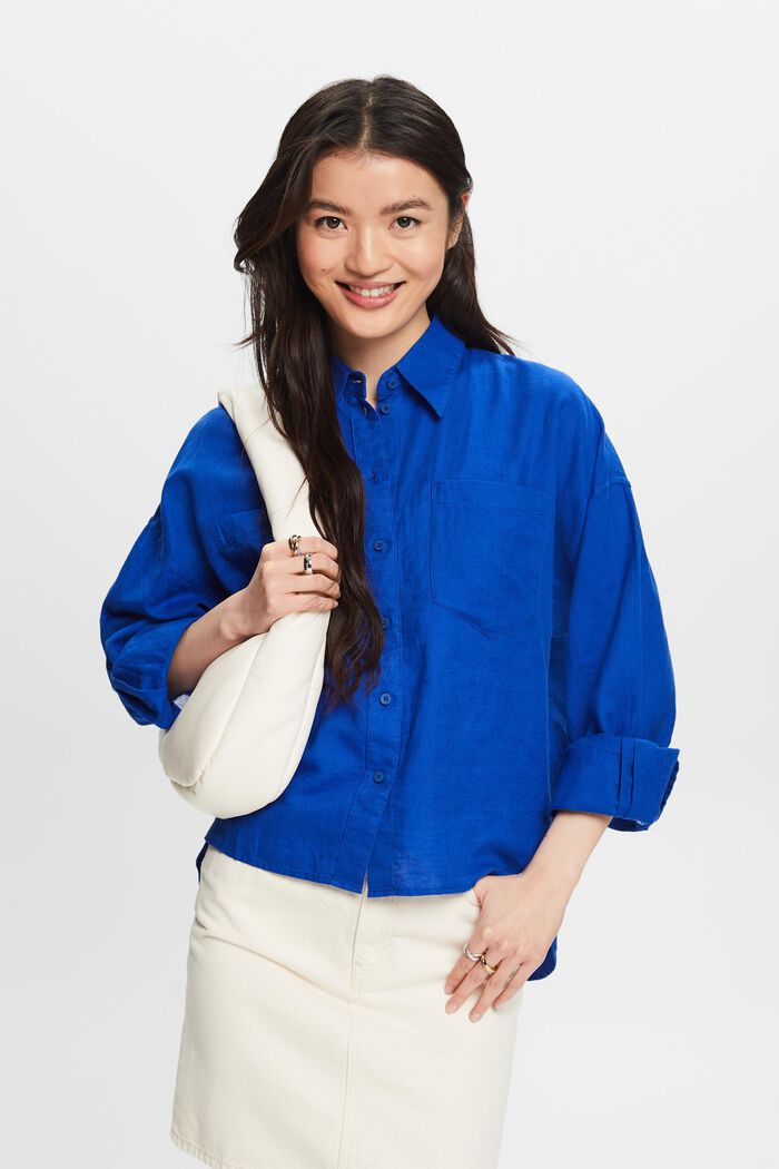 Camicia blusata in lino e cotone, BRIGHT BLUE, detail image number 0